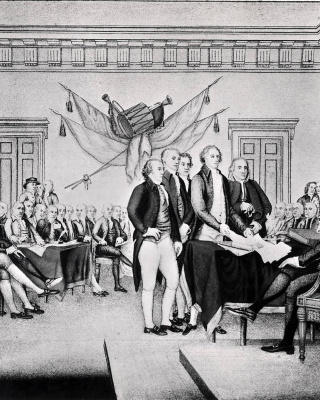 Een prent van de ondertekening van de verklaring van de onafhankelijkheid (declaration of independance) van de Verenigde Staten van Amerika op 4 juli 1776).