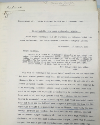 Briefje van Anton de Kom uit artikel uit Links Richten, overgenomen door de CI (1933)