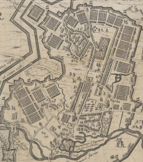 Het legerkamp van Frederik Hendrik op de nieuwskaart van Den Bosch (1629).