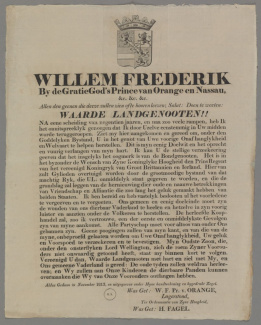 Gedrukte proclamatie van de Souvereine Vorst bij zijn komst in het vaderland (1813)